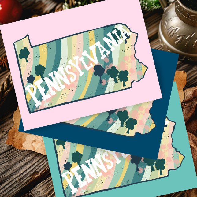 Postal Mapa del estado de Pensilvania Ilustrado en negrit (Pennsylvania State Map Illustrated Bold Colorful Postcard
)