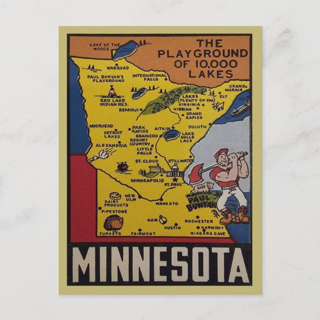 Postal Mapa del estado de viaje de la virgen de Minnesota (Anverso)