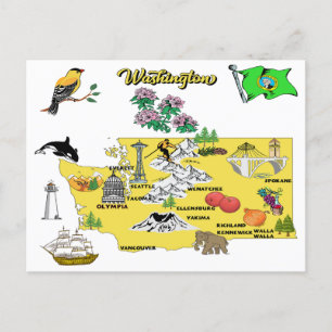 Postal Mapa del estado de Washington con destinos turísti