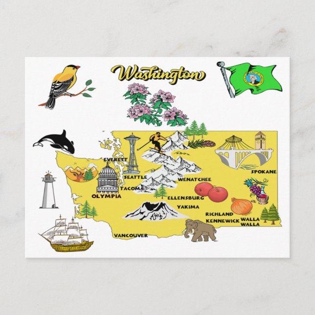 Postal Mapa del estado de Washington con destinos turísti (Anverso)