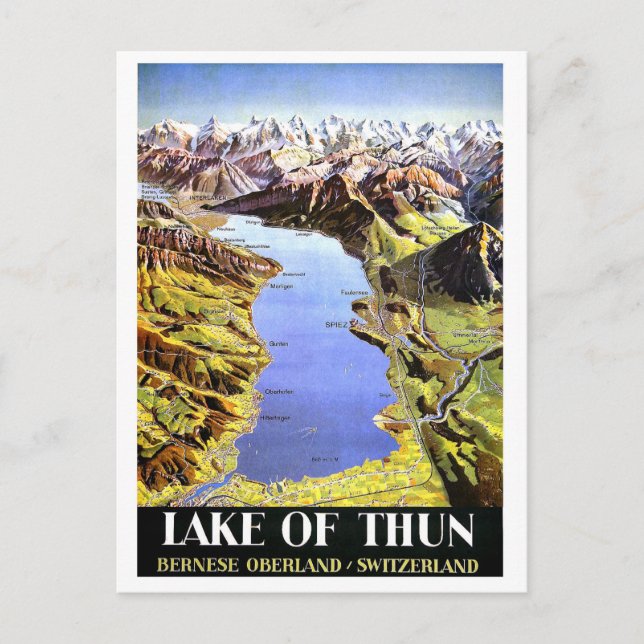 Postal Mapa del lago de Thun, Oberland bernés, Suiza (Anverso)