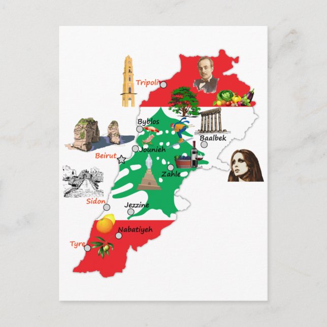 Postal Mapa del Líbano, ciudades principales nombran a lo (Anverso)