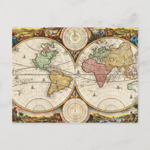 Postal Mapa del Mundo Antiguo Dos Hemisferios Rara Arte V