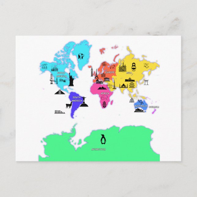 Postal mapa del mundo con nombres de continentes (Anverso)
