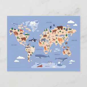 Postal Mapa del Mundo de Animales Adorables