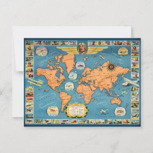Postal Mapa del mundo de la aviación antigua