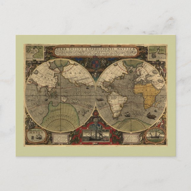 Postal Mapa del mundo de la época 1595 de Jodocuments Hon (Anverso)