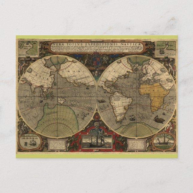 Postal Mapa del mundo de la época 1595 de Jodocuments Hon (Anverso)