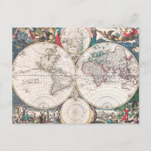 Postal Mapa del mundo del doble hemisferio antiguo