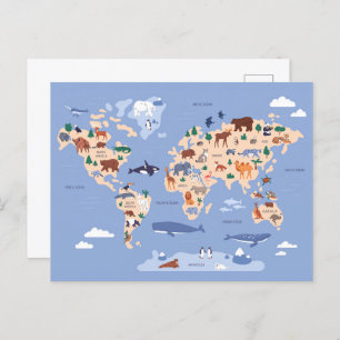 Postal mapa del mundo infantil con animales