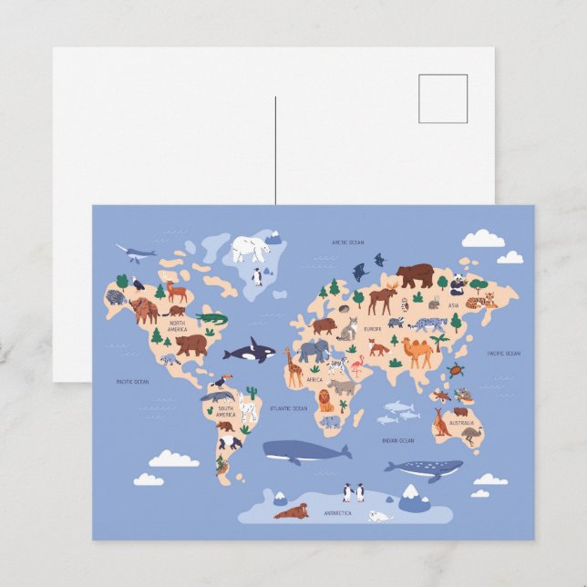 Postal mapa del mundo infantil con animales (Anverso / Reverso)