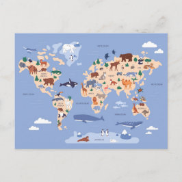 Postal mapa del mundo infantil con animales