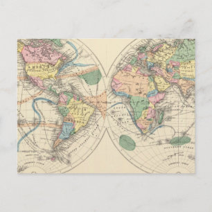 Postal Mapa del mundo litografiado