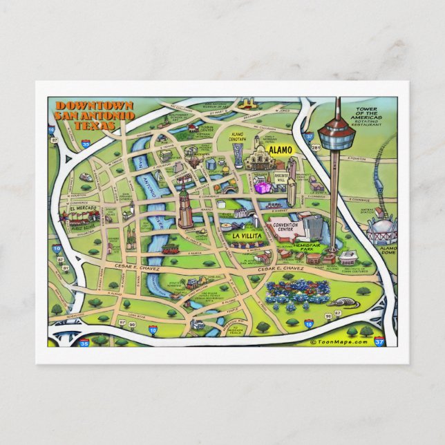 Postal Mapa del Personalizado del centro de San Antonio (Anverso)