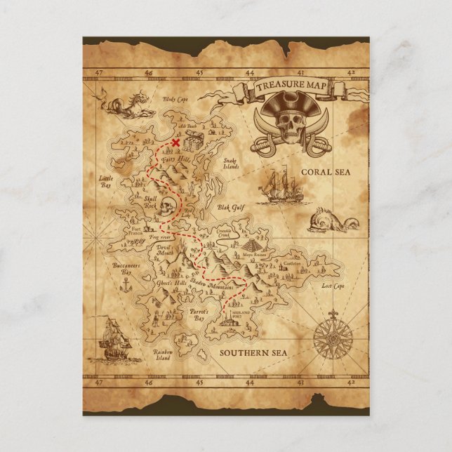 Postal Mapa del tesoro de la vieja vieja época pirata (Anverso)