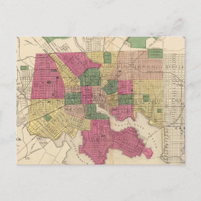 Postal Mapa del vintage de Baltimore (1873) (Anverso)