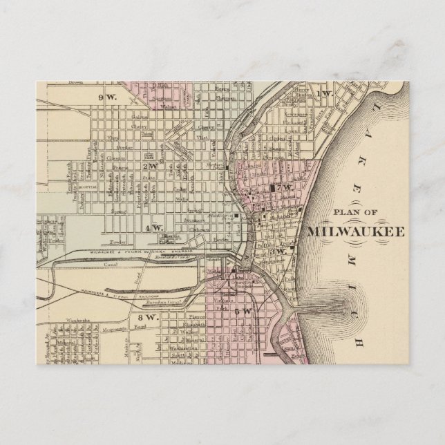 Postal Mapa del vintage de Milwaukee (1880) (Anverso)