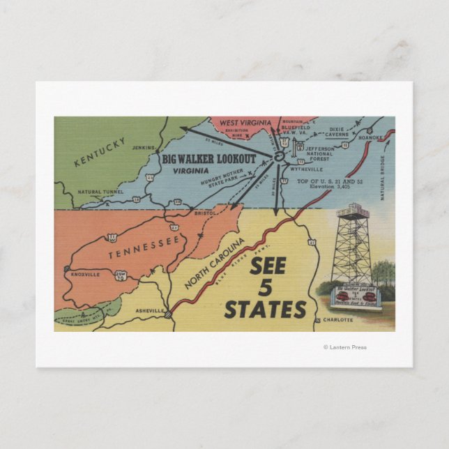 Postal Mapa detallado de 5 estados - Gran búsqueda de cam (Anverso)