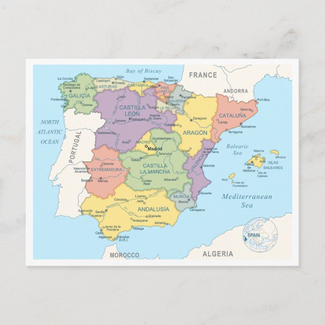 Postal Mapa detallado de España (Anverso)