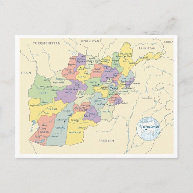Postal Mapa detallado de las regiones de Afganistán (Anverso)
