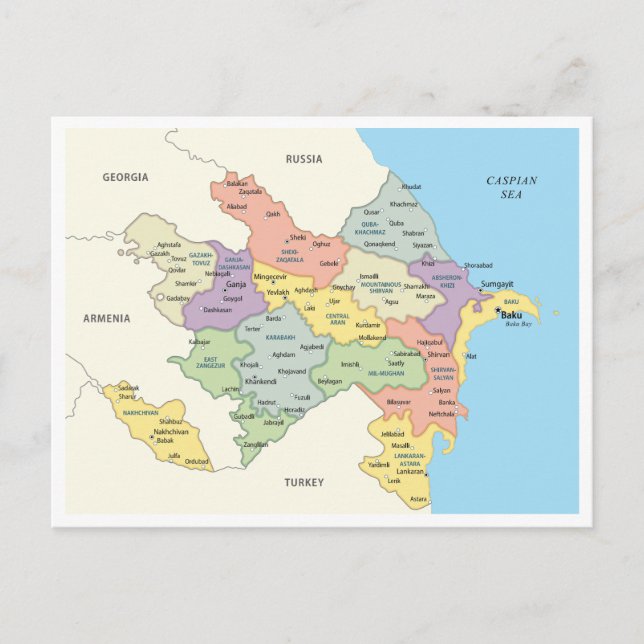 Postal Mapa detallado de las regiones de Azerbaiyán (Anverso)