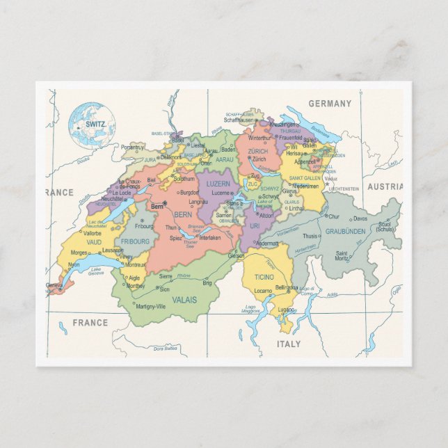 Postal Mapa detallado de las regiones de Suiza (Anverso)