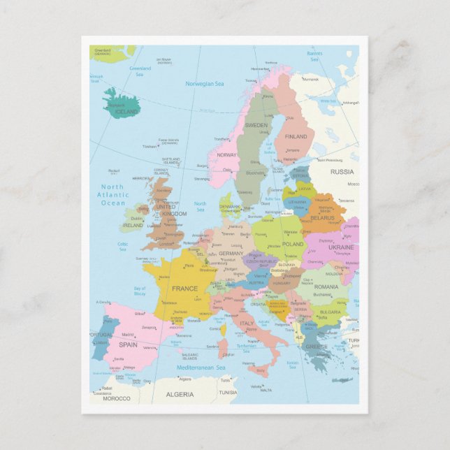 Postal Mapa detallado del continente europeo (Anverso)