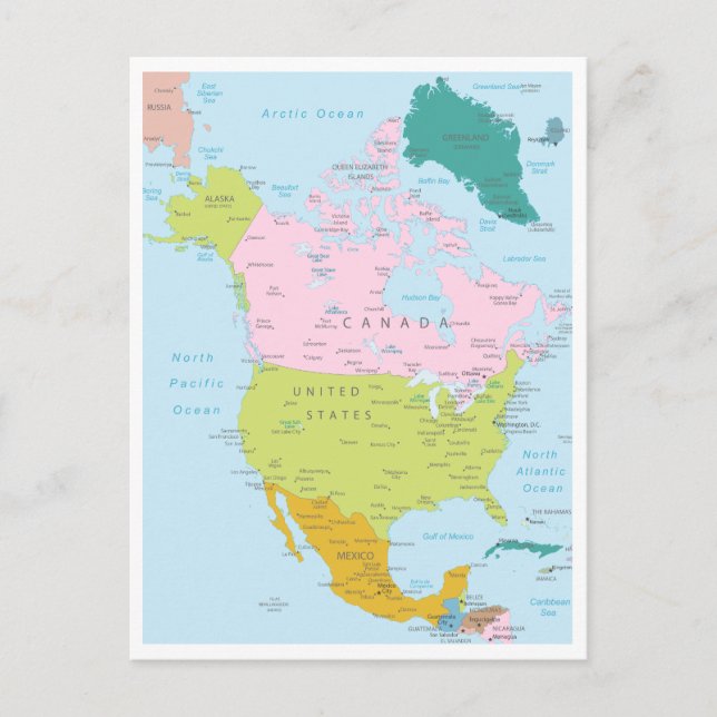 Postal Mapa detallado del continente norteamericano (Anverso)