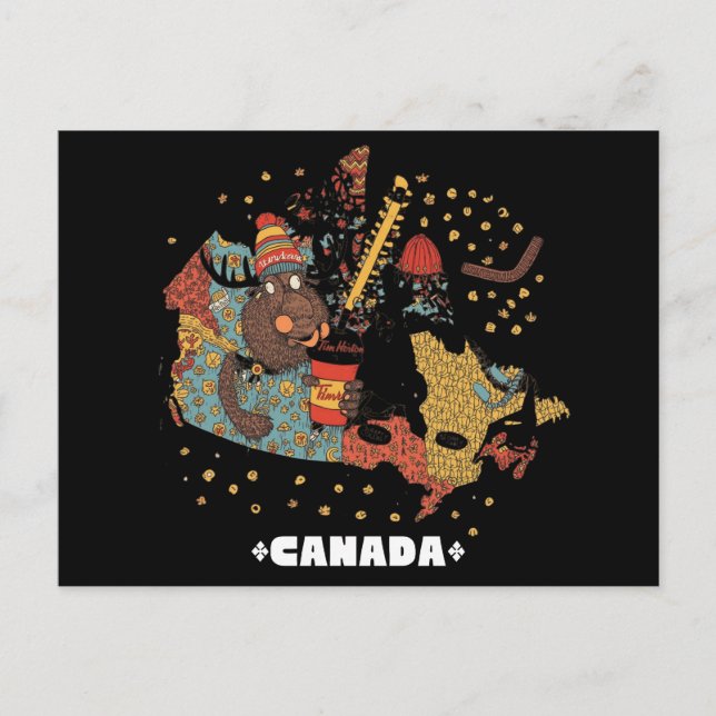 Postal Mapa divertido de Canadá con castor Hockey Toque (Anverso)