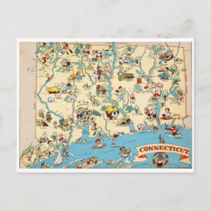 Postal Mapa divertido vintage de Connecticut