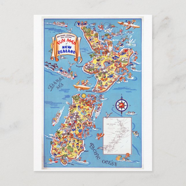 Postal Mapa divertido vintage de Nueva Zelanda (Anverso)