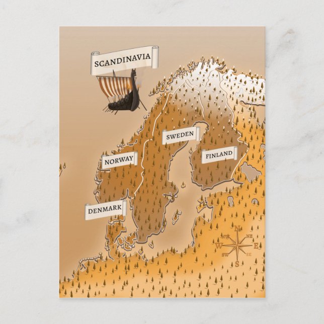 Postal Mapa en sepia de Escandinavia (Anverso)