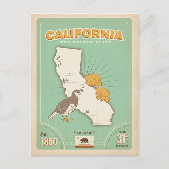 Postal Mapa estatal de California | Estado de Oro (Anverso)