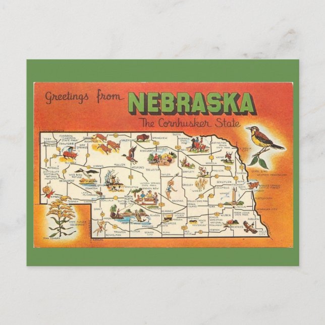 Postal Mapa estatal de Nebraska (Anverso)