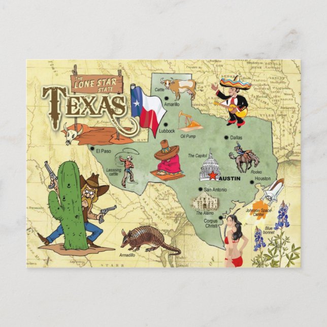 Postal Mapa Estatal de Texas (Anverso)