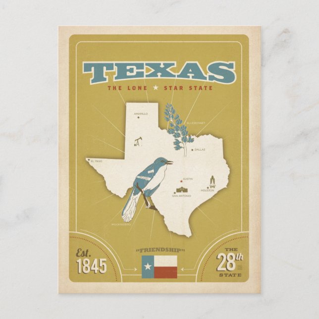 Postal Mapa Estatal de Texas | Estado de la estrella soli (Anverso)