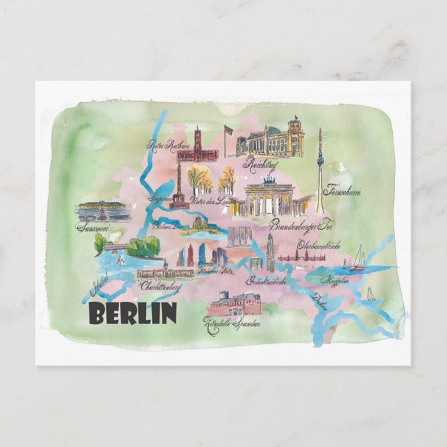 Postal Mapa favorito de Berlín con lugares turísticos (Anverso)