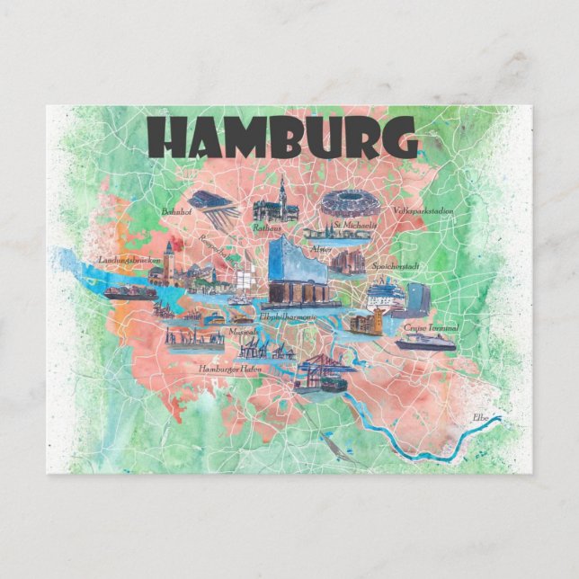 Postal Mapa favorito de viaje de Hamburgo Alemania  (Anverso)