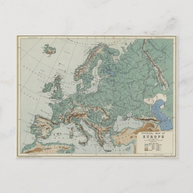 Postal Mapa físico de Europa (Anverso)