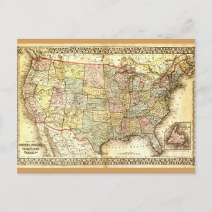 Postal Mapa general de Vintage Old United States USA
