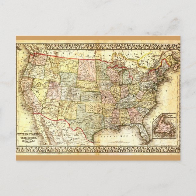 Postal Mapa general de Vintage Old USA (Anverso)