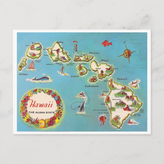 Postal Mapa hawaiano vintage (Anverso)