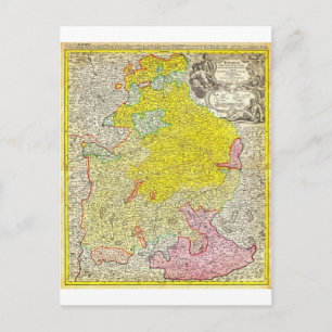 Postal Mapa hománico de 1728 de Baviera Alemania Geografí