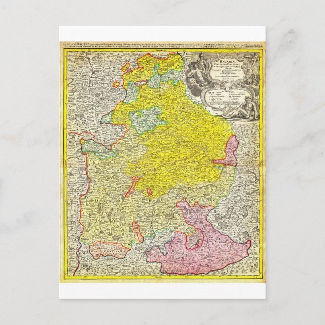 Postal Mapa hománico de 1728 de Baviera Alemania Geografí (Anverso)