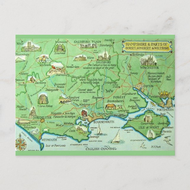 Postal Mapa ilustrado coloridamente Hampshire Inglaterra (Anverso)