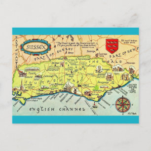 Postal Mapa ilustrado con colores de Sussex Inglaterra