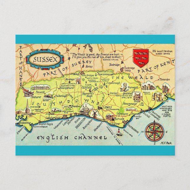 Postal Mapa ilustrado con colores de Sussex Inglaterra (Anverso)