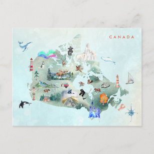 Postal Mapa ilustrado de acuarela de arte de Canadá