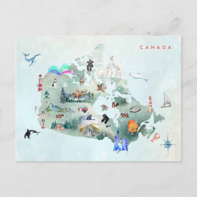 Postal Mapa ilustrado de acuarela de arte de Canadá (Anverso)