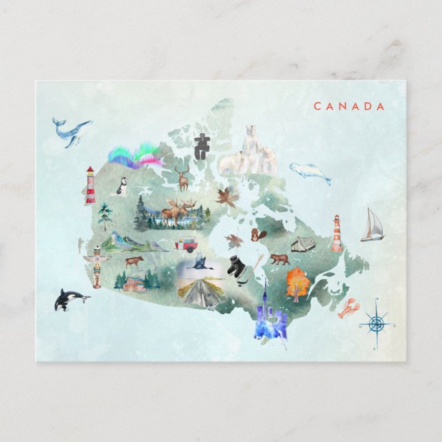 Postal Mapa ilustrado de acuarela de arte de Canadá (Anverso)